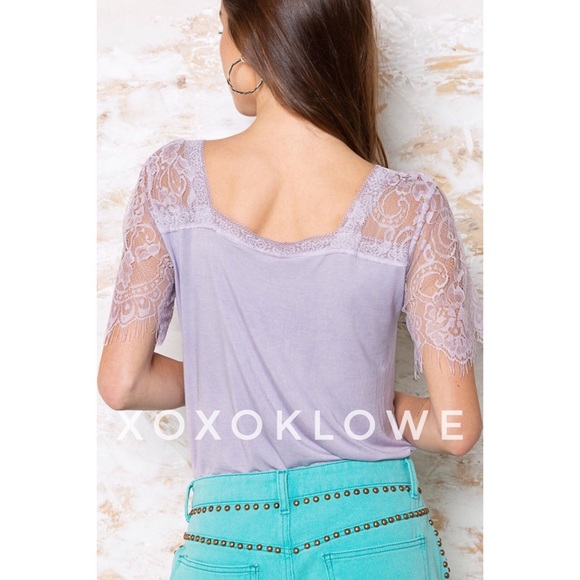 POL Lavender Buttery Soft Lace Sleeve V Neck Premium Tee - Picture 9 of 11
